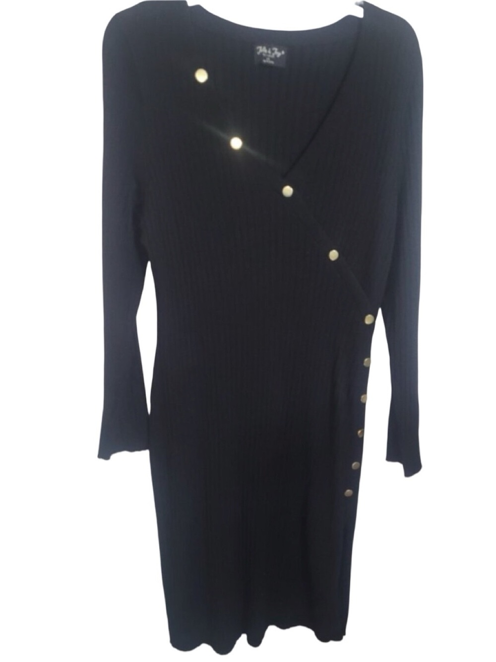 Jolie & Joy Black Ribbed Maxi Dress 2XL Gold Button Wrap Front Long Sleeve - Picture 2 of 7